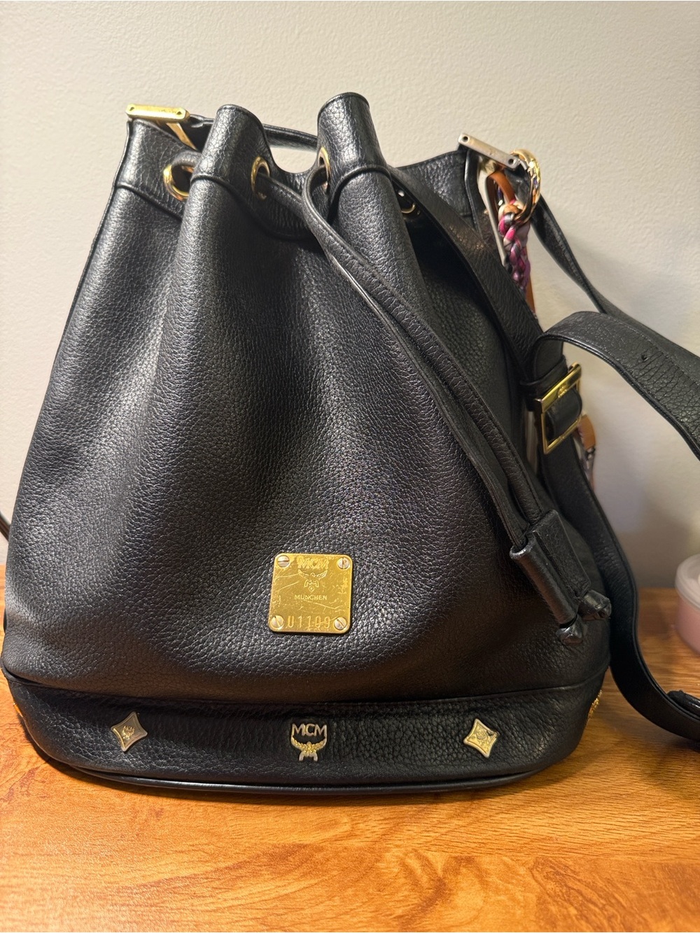 MCM Black Leather Drawstring Shoulder Bucket Bag with Gold Hardware